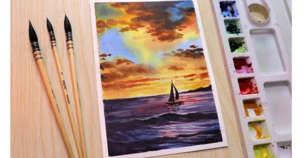 Watercolor painting of sunset cloud landscape step by step (1)