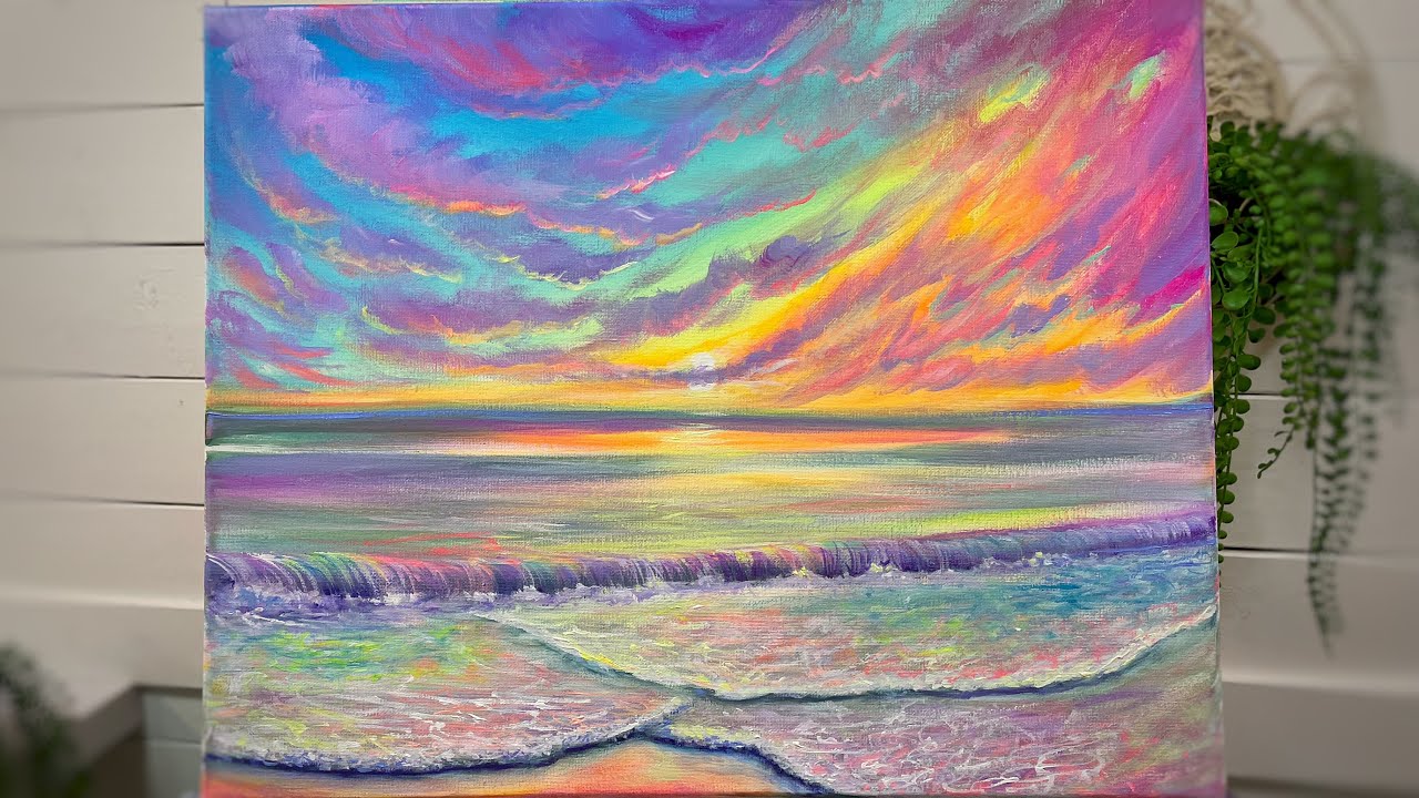 Seascape Beach Waves And Sunset Acrylic Tutorial Pintando Org