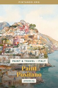 Positano painted in loose watercolor and ink, pastel houses cascading to the sea.