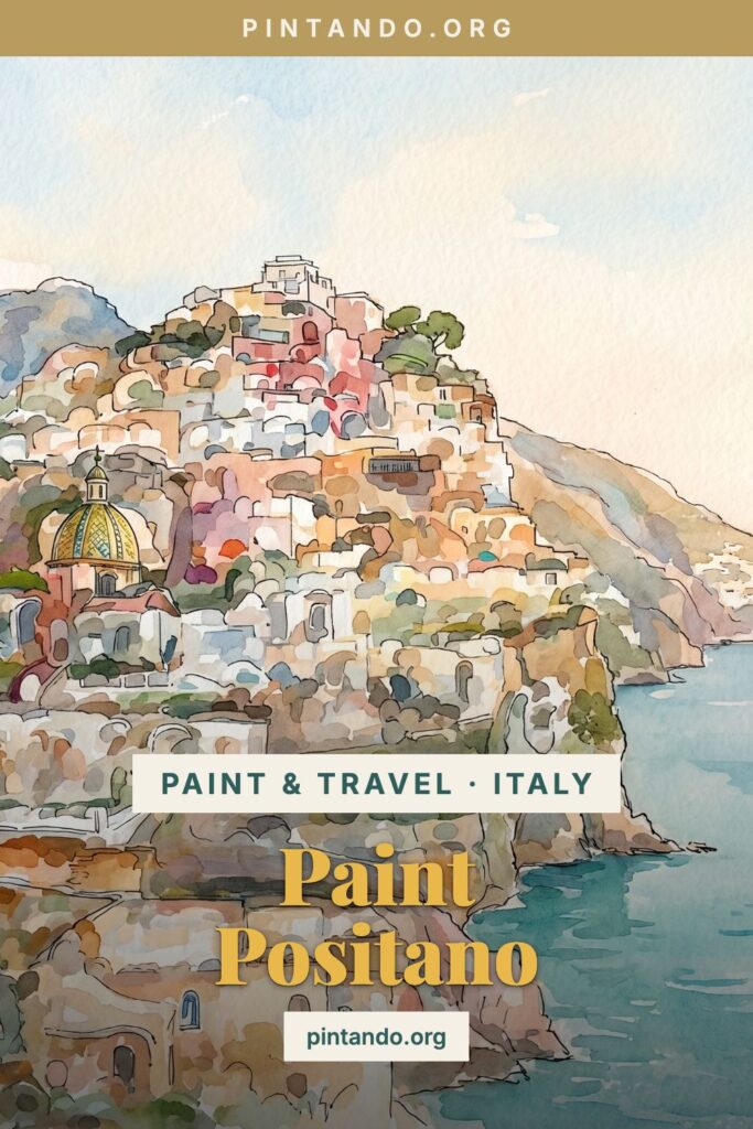 Positano painted in loose watercolor and ink, pastel houses cascading to the sea.
