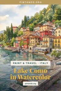 A hand-drawn watercolour of Varenna's colourful houses on Lake Como, cypress and mountains behind.