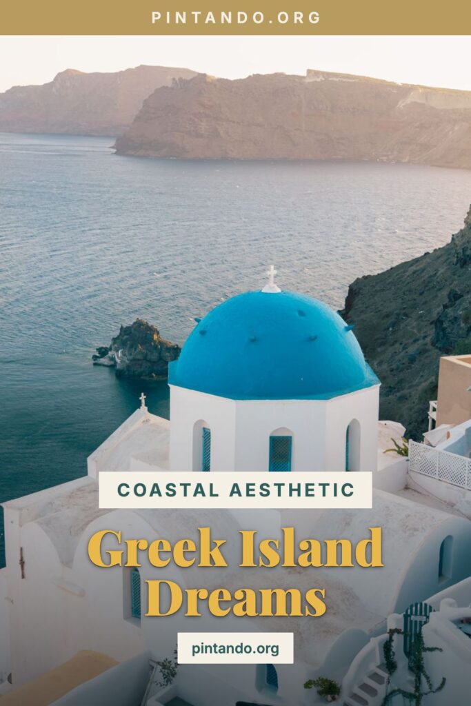 A blue-domed Santorini church above the deep blue Aegean sea, the classic Greek island coastal aesthetic.