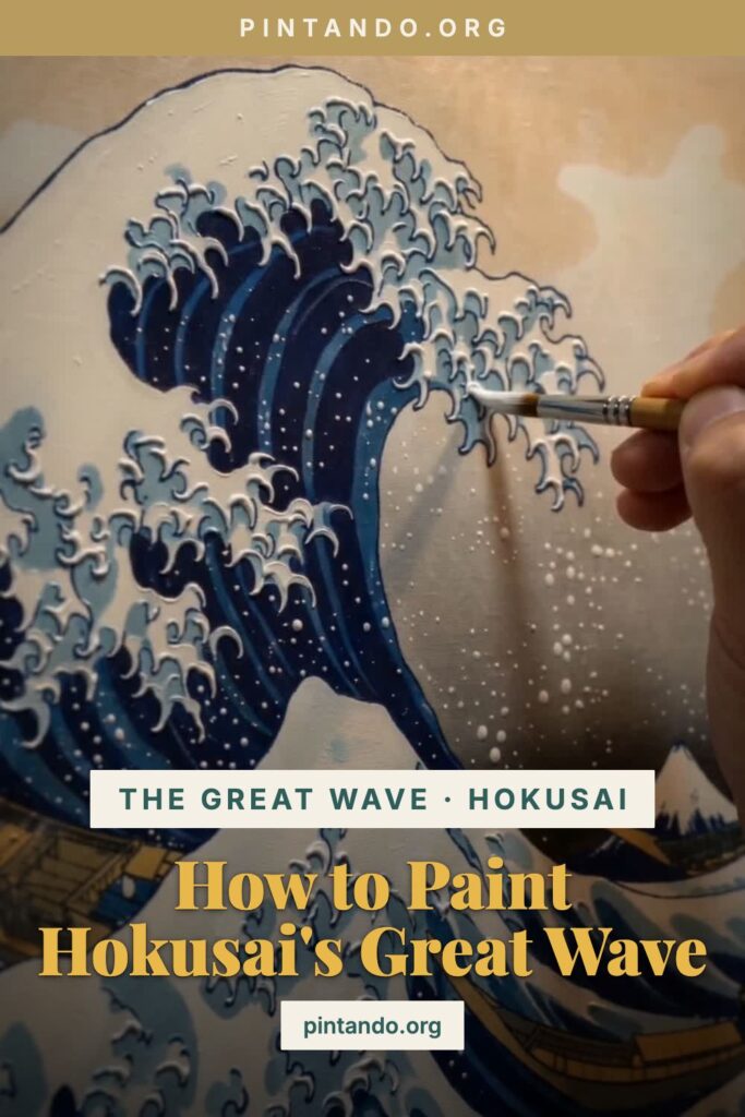 An oil-painting rendition of Hokusai's Great Wave on an easel — a giant Prussian-blue wave with curling white foam claws and a small Mount Fuji in the distance.