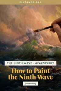 An oil-painting rendition of Aivazovsky's Ninth Wave on an easel — a luminous green-gold wave at dawn, golden sunrise breaking through clouds, tiny survivors clinging to a mast.
