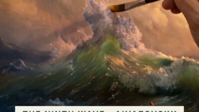 An oil-painting rendition of Aivazovsky's Ninth Wave on an easel — a luminous green-gold wave at dawn, golden sunrise breaking through clouds, tiny survivors clinging to a mast.