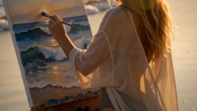 A woman in a sheer beach cover-up painting an ocean scene at a wooden easel set up on the sand at golden hour, the real sea and gentle waves behind her.