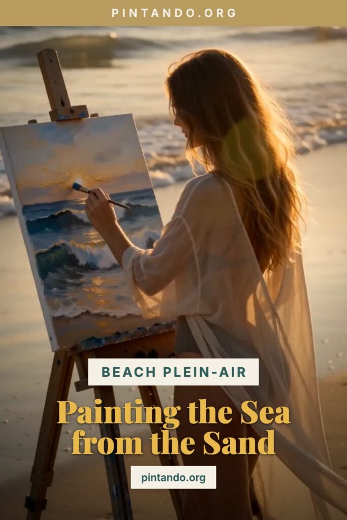 A woman in a sheer beach cover-up painting an ocean scene at a wooden easel set up on the sand at golden hour, the real sea and gentle waves behind her.