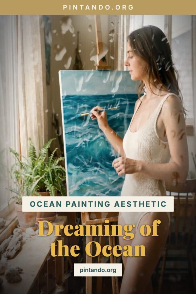 A woman in a cream swimsuit painting rolling turquoise ocean waves on a canvas at her easel in a cozy, plant-filled studio, gazing wistfully toward a bright window.