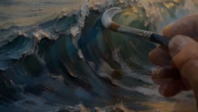 A rolling turquoise ocean wave painted in oils on canvas, a palette knife dragging thick white foam along the breaking crest.