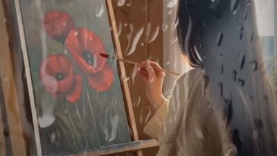 A long-haired artist in a soft cardigan painting a red poppy at a wooden easel in a warm, plant-touched studio, rain blurring the window beside her.