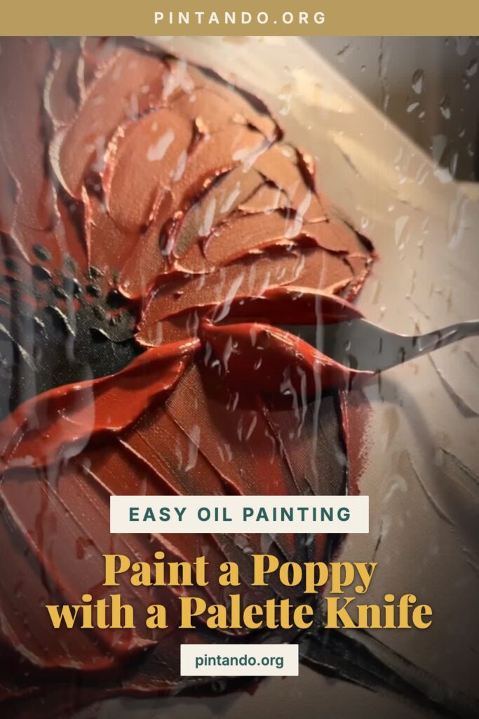 A single red poppy painted in thick palette-knife oils on canvas, the petals ridged so they catch warm studio light, with a small painting knife laying a final red stroke.