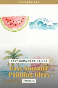 A grid of easy summer watercolor paintings — a watermelon, an ocean wave, a palm beach and a sunset.