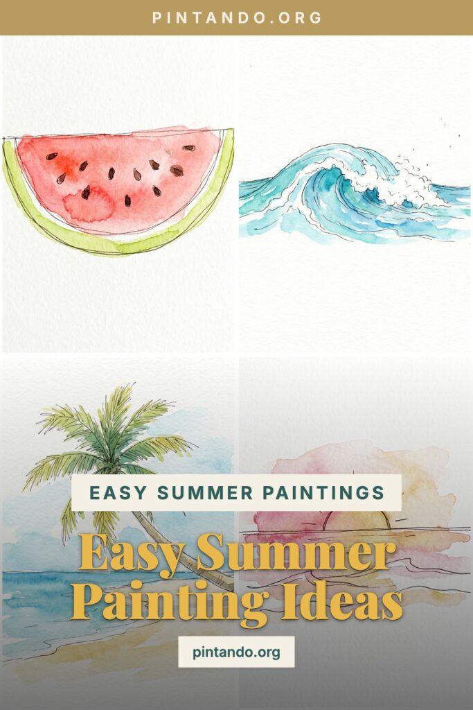 A grid of easy summer watercolor paintings — a watermelon, an ocean wave, a palm beach and a sunset.