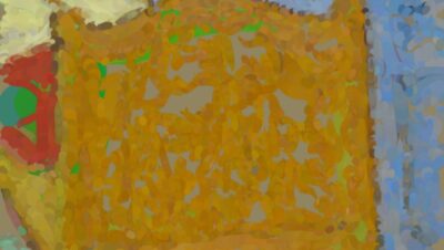 A watercolor detail after Van Gogh's 1889 The Bedroom, shown mid-process with the yellow bed underpainted in cool violet-gray before warm colors are glazed on top, beside a floating color palette.