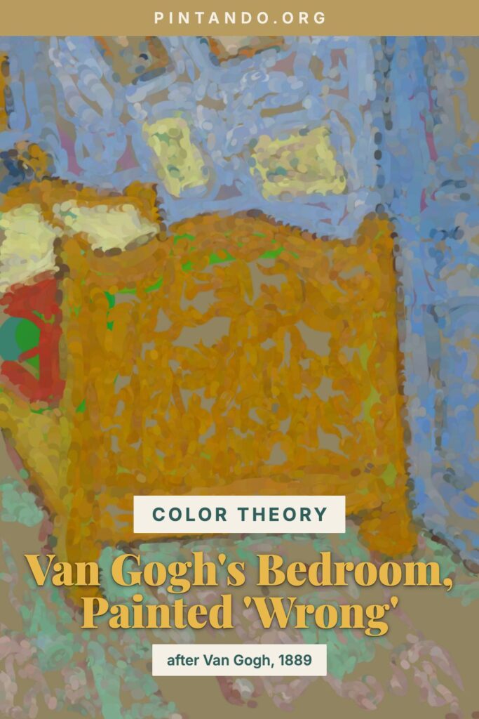 A watercolor detail after Van Gogh's 1889 The Bedroom, shown mid-process with the yellow bed underpainted in cool violet-gray before warm colors are glazed on top, beside a floating color palette.