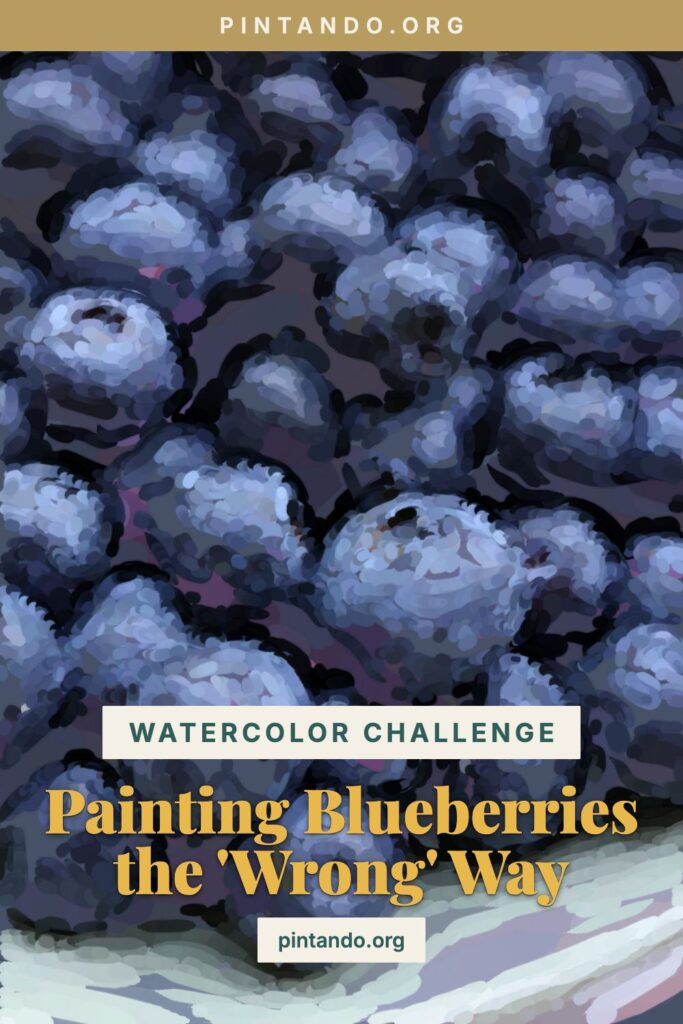 A watercolor cluster of blueberries shown mid-process — the berries underpainted in a muted warm base before the true blue-purple is glazed on top, with a floating color palette beside them.