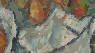 A watercolor detail after Cézanne's Basket of Apples, shown mid-process with the apples underpainted in cool muted green before warm reds are glazed on top, beside a floating color palette.