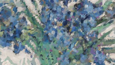 A watercolor detail after Van Gogh's 1890 Irises, shown mid-process with the violet flowers underpainted in warm gold before true violet is glazed on top, beside a floating color palette.