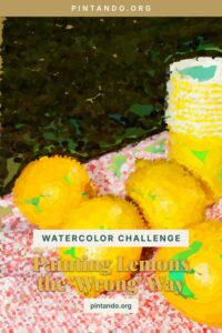 A watercolor plate of lemons shown mid-process — the lemons underpainted in muted green before the true yellow is glazed on top, with a floating color palette beside them.