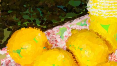 A watercolor plate of lemons shown mid-process — the lemons underpainted in muted green before the true yellow is glazed on top, with a floating color palette beside them.