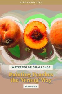 A watercolor pair of peaches shown mid-process — the peaches underpainted in muted green before the warm yellow-to-pink blush is glazed on top, with a floating color palette beside them.
