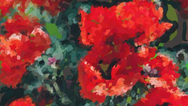 A watercolor spray of poppies shown mid-process — the blooms underpainted in muted green before the true translucent red is glazed on top, with a floating color palette beside them.