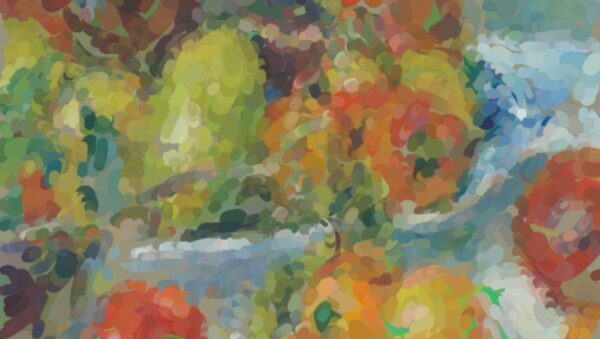 A watercolor detail after Renoir's 1881 Fruits of the Midi, shown mid-process with the warm fruit underpainted in cool muted green before true reds and oranges are glazed on top, beside a floating color palette.