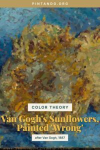 A watercolor detail after Van Gogh's 1887 Paris Sunflowers, shown mid-process with the blossom underpainted in muted green before true yellow is glazed on top, beside a floating color palette.