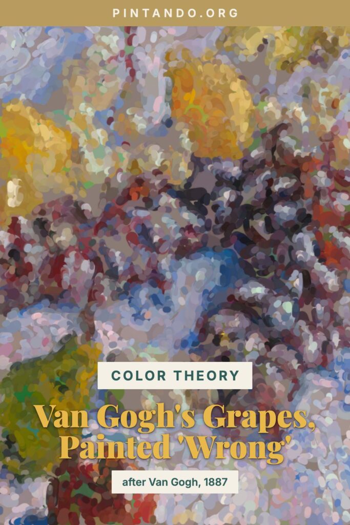 A watercolor detail after Van Gogh's 1887 still life, shown mid-process with the grapes underpainted in warm gold before true purple is glazed on top, beside a floating color palette.