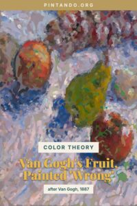 A watercolor detail after Van Gogh's 1887 still life, shown mid-process with the apples and pear underpainted in cool green on a pale violet ground before warm colors are glazed on top, beside a floating color palette.