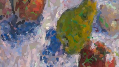 A watercolor detail after Van Gogh's 1887 still life, shown mid-process with the apples and pear underpainted in cool green on a pale violet ground before warm colors are glazed on top, beside a floating color palette.