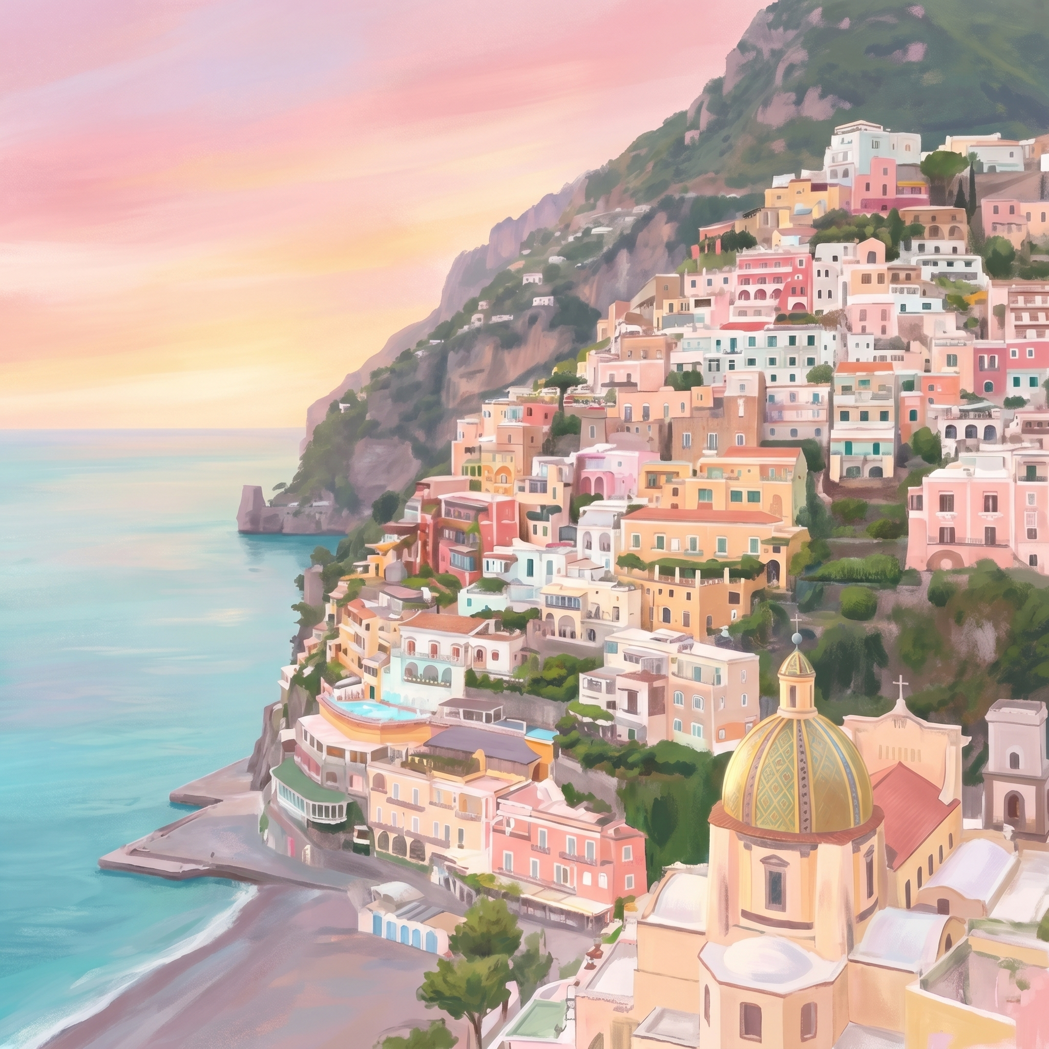 Dreamy pastel digital painting of Positano at sunset, houses cascading to the sea