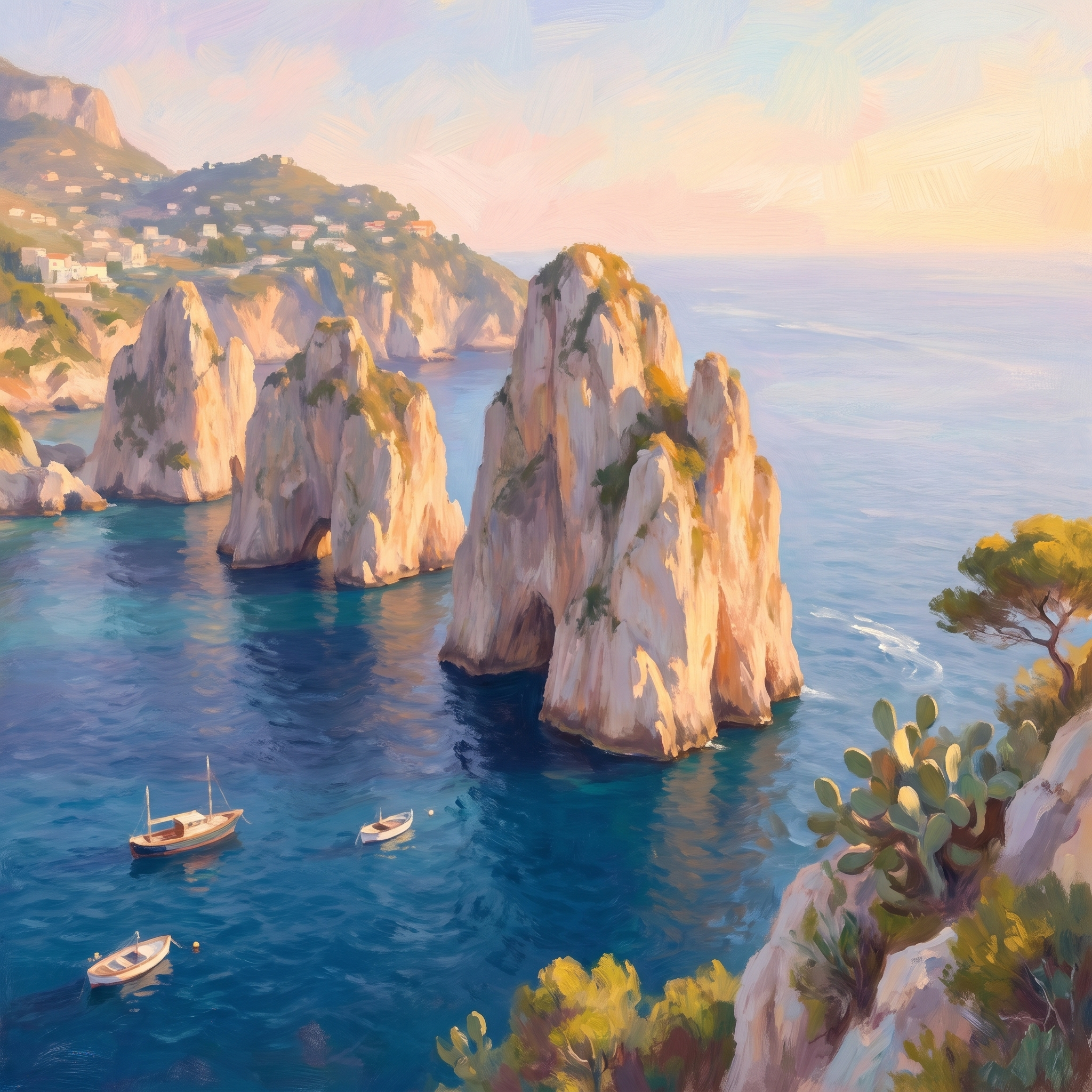 Pastel digital painting of the Capri Faraglioni rocks glowing at golden hour