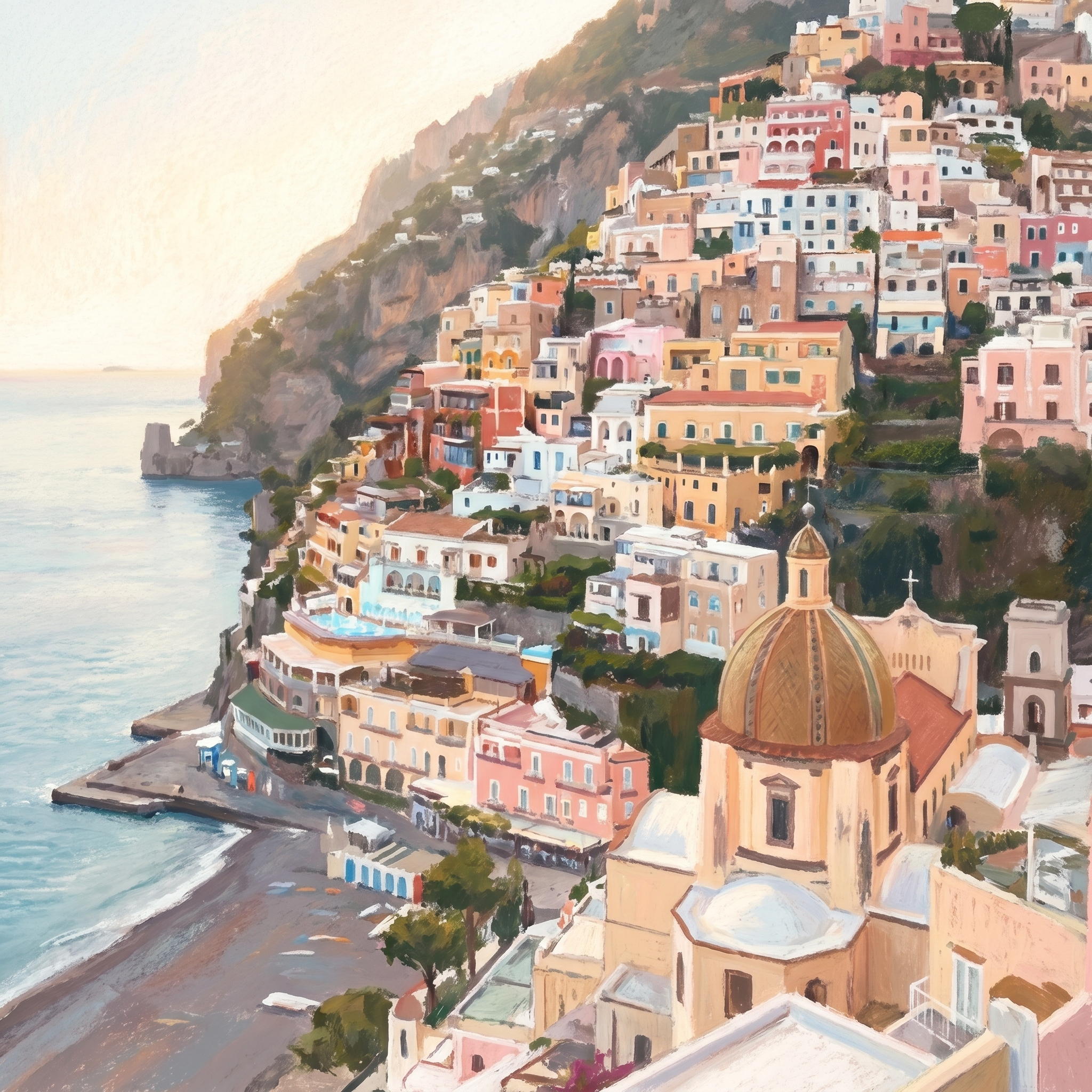 Minimalist pastel painting of an Amalfi Coast town with pastel houses and a church dome