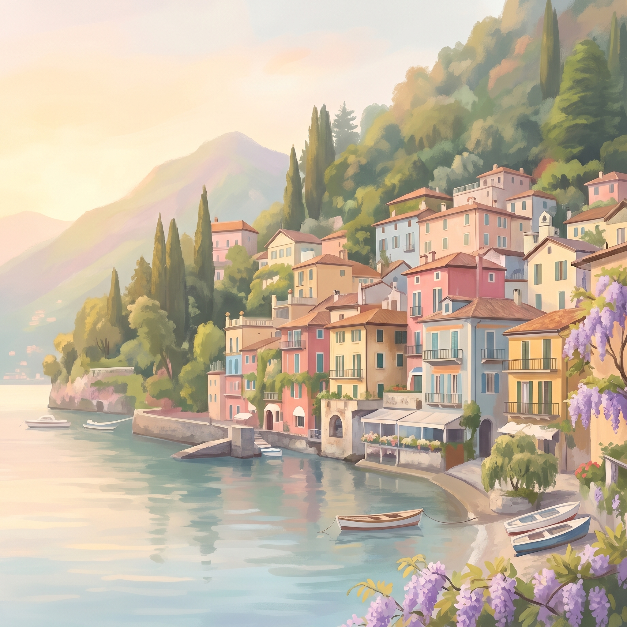 Dreamy pastel digital painting of Varenna on Lake Como with wisteria and warm light