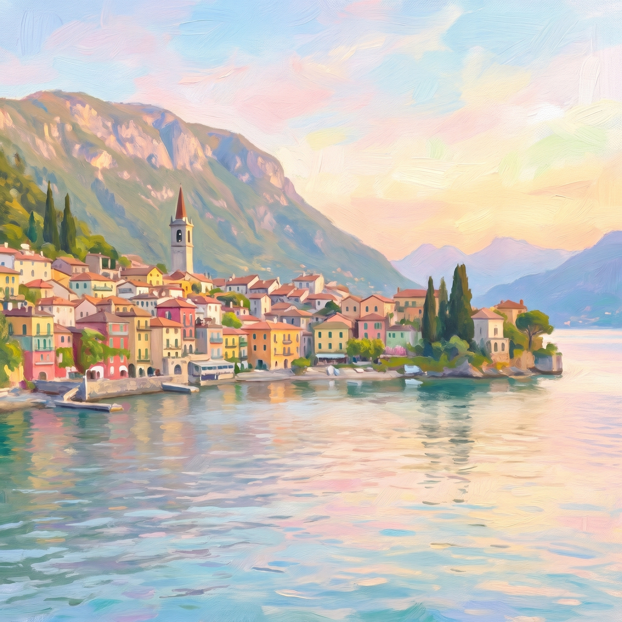 Pastel digital painting of a Lake Como village with a church tower and mountains at golden hour