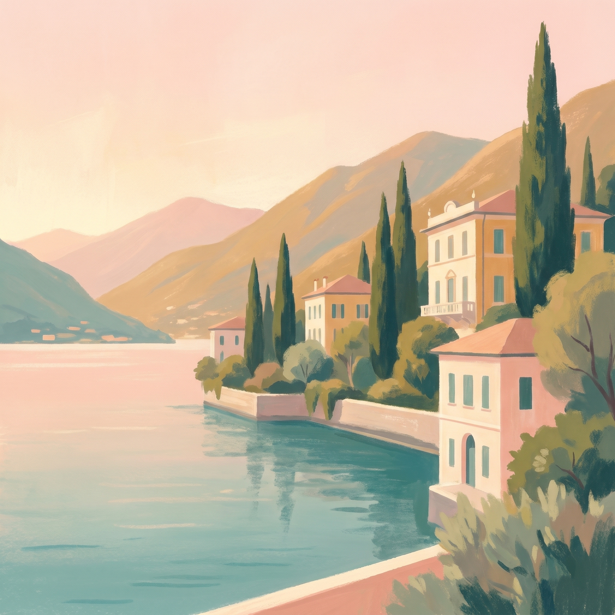 Minimalist pastel painting of Lake Como villas and cypress trees along the calm water