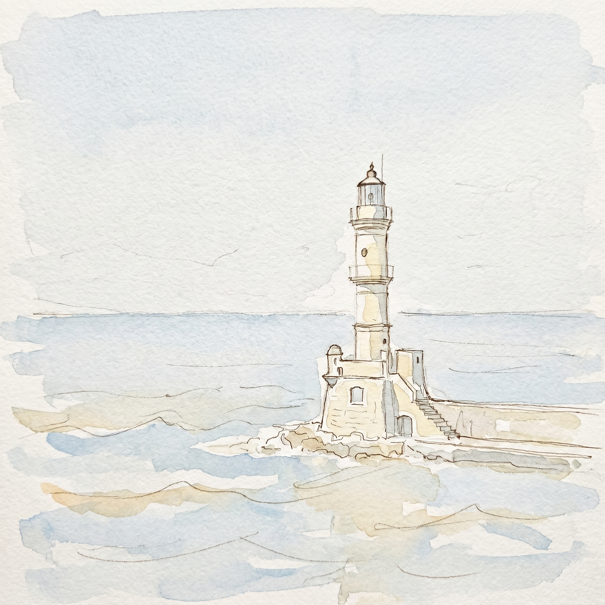Stage 1 — a light pencil-and-ink sketch of the Chania lighthouse with the first pale washes