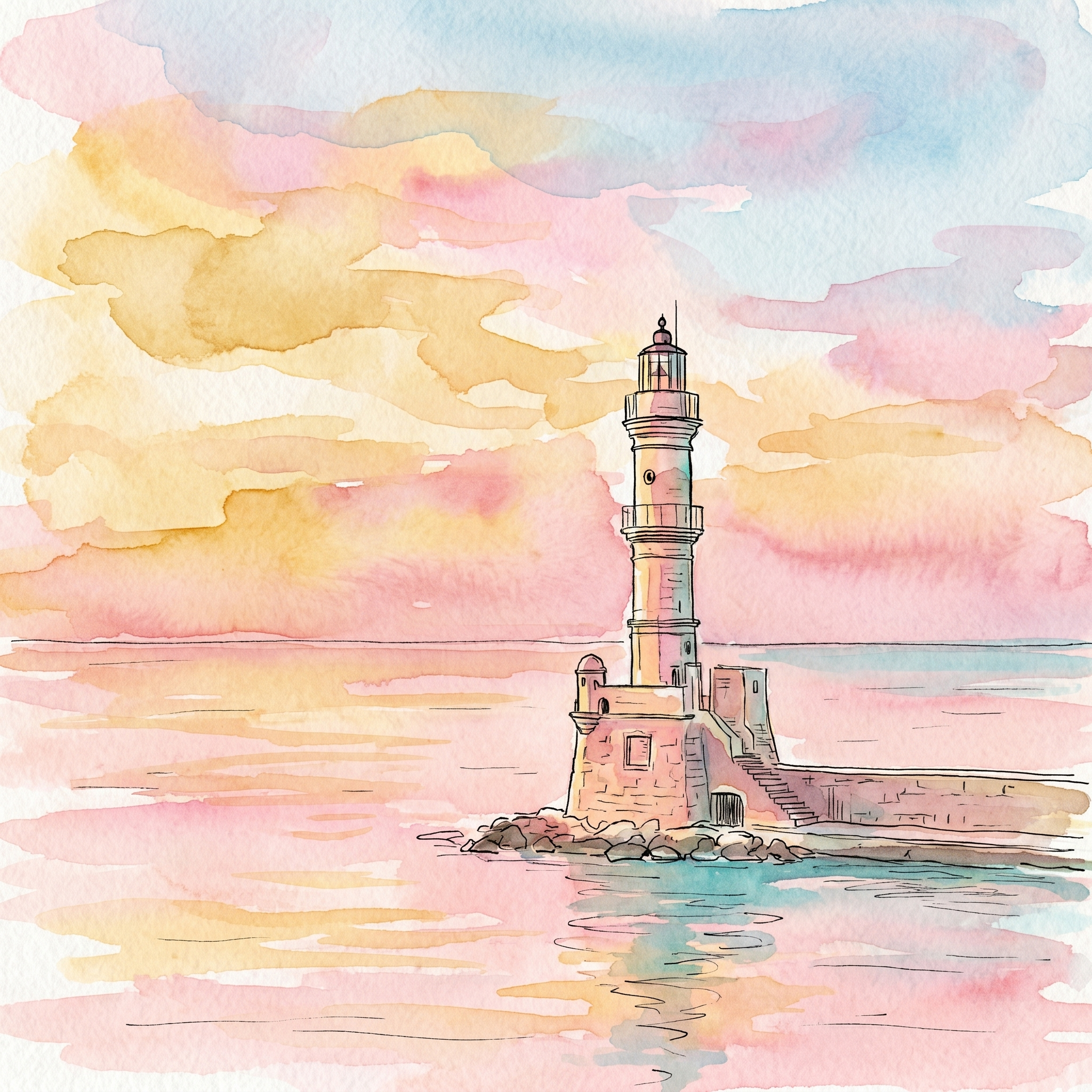 A hand-drawn watercolour-and-ink illustration of the Chania lighthouse at sunset, Crete