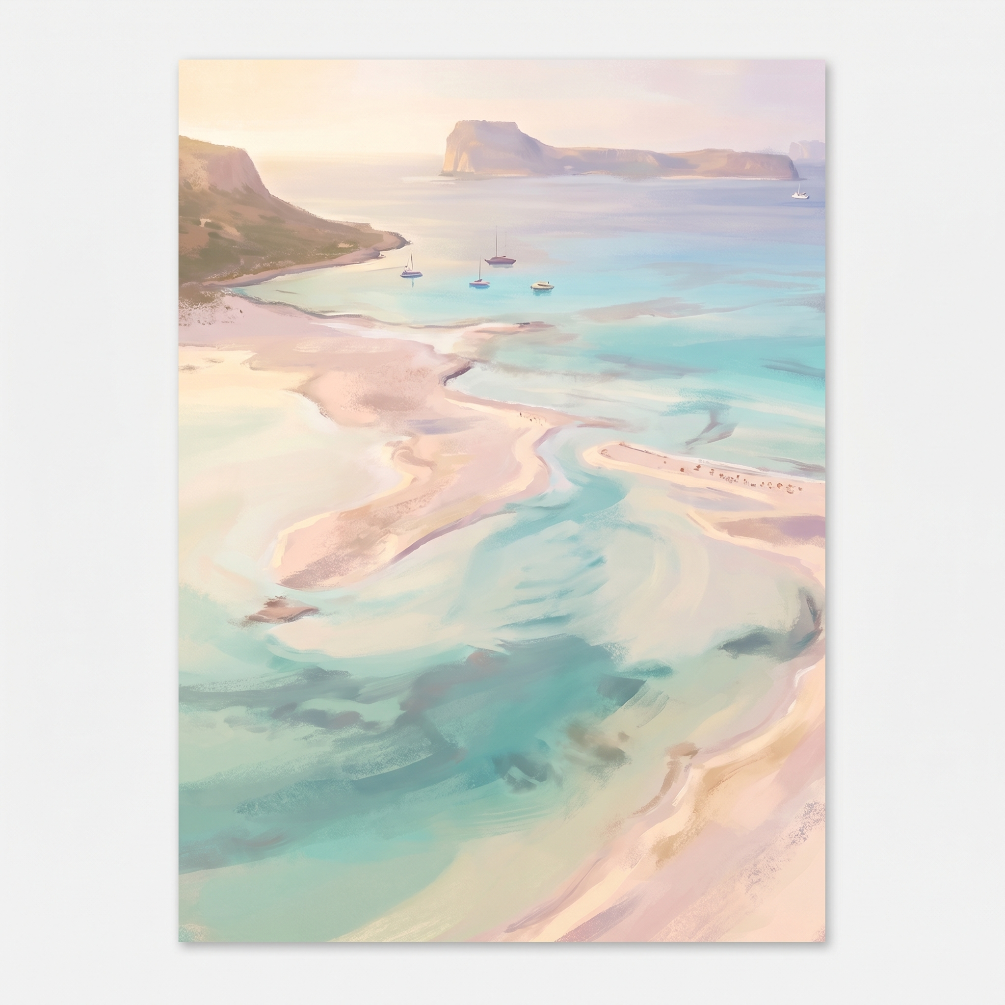 Pastel digital painting of the Balos lagoon, soft turquoise water and pale pink sand