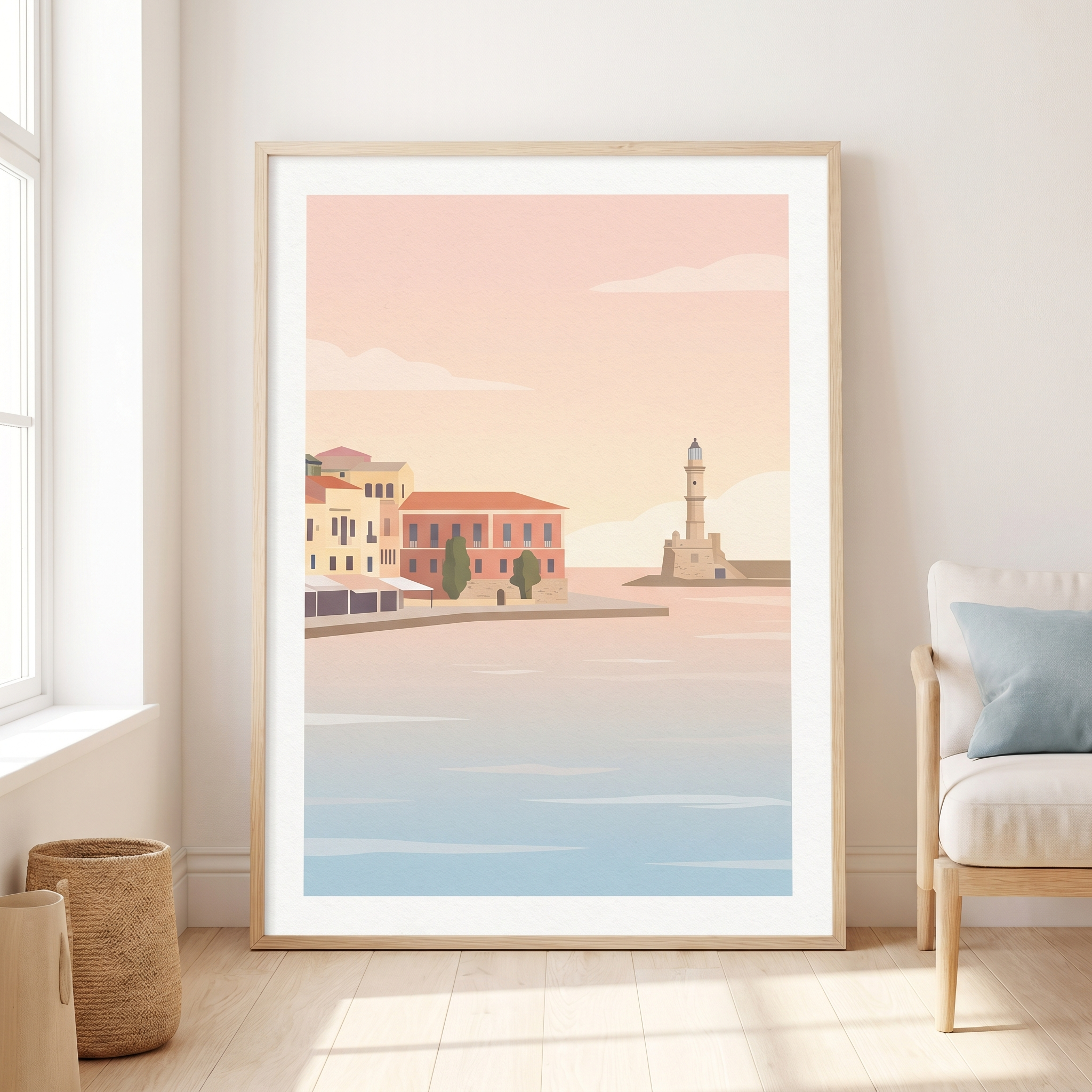 Minimalist pastel painting of the Chania old Venetian harbour with the lighthouse