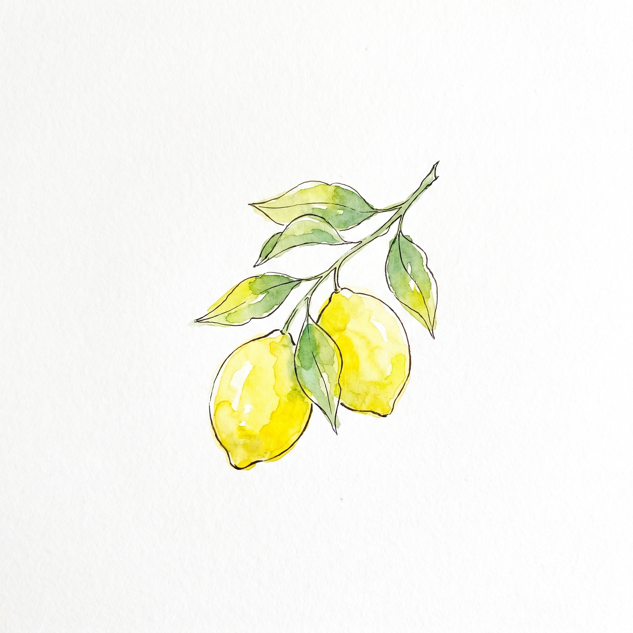 An easy watercolor of two lemons on a leafy branch