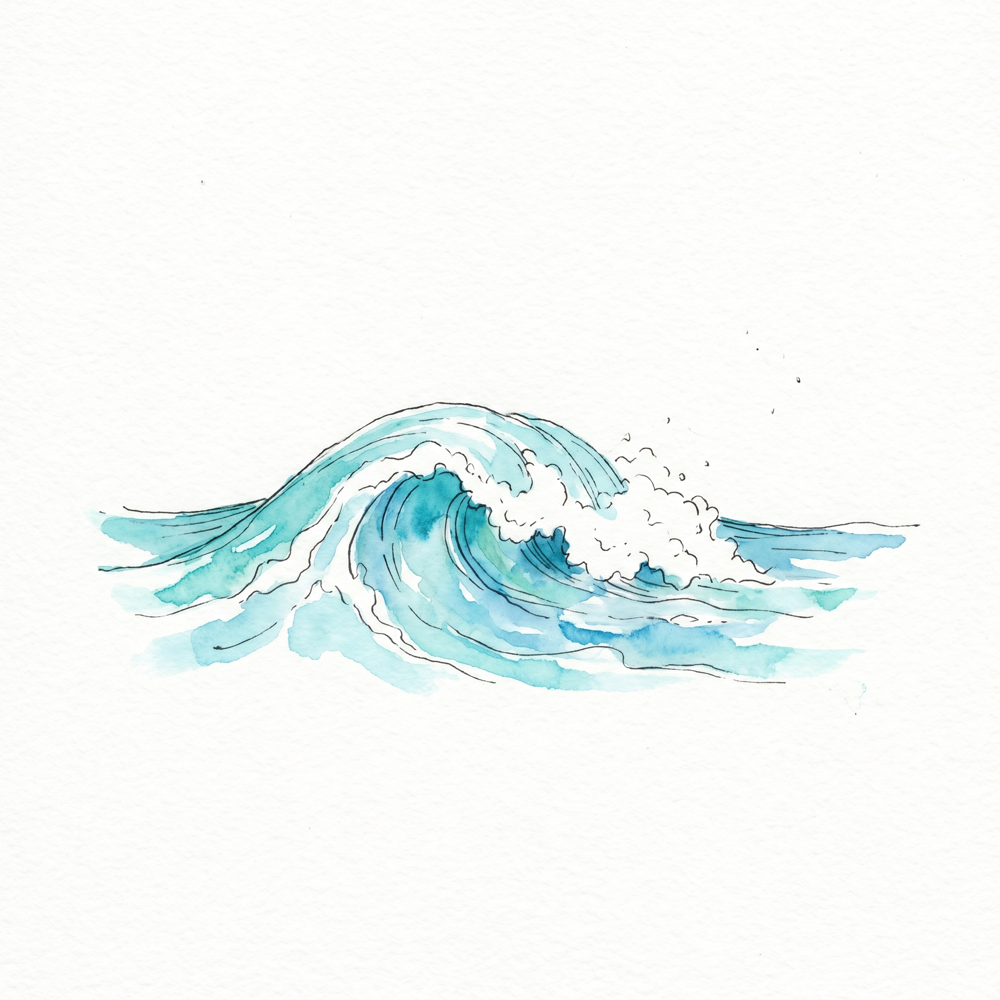 An easy watercolor of a single rolling ocean wave with white foam