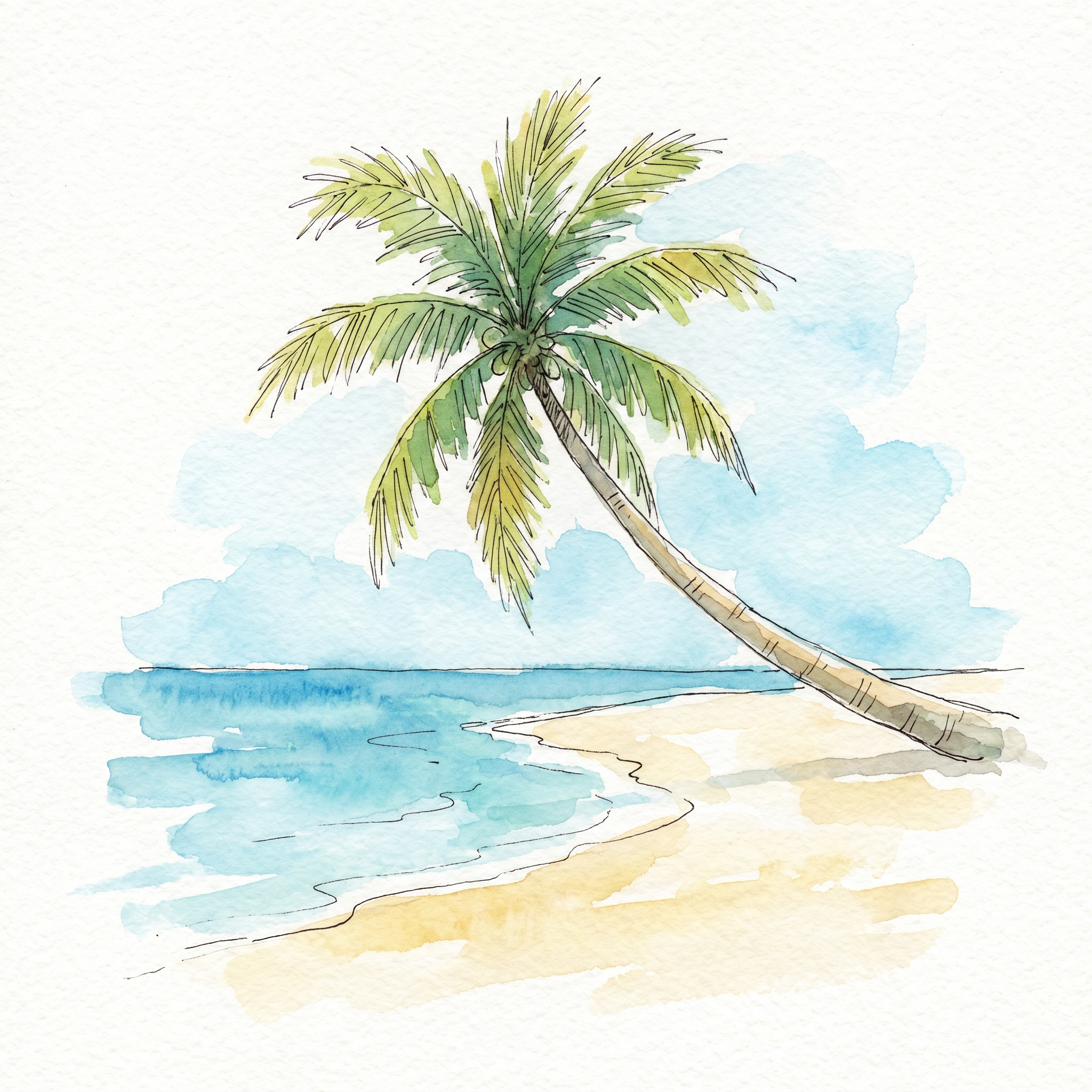 An easy watercolor of a palm tree leaning over a white-sand beach