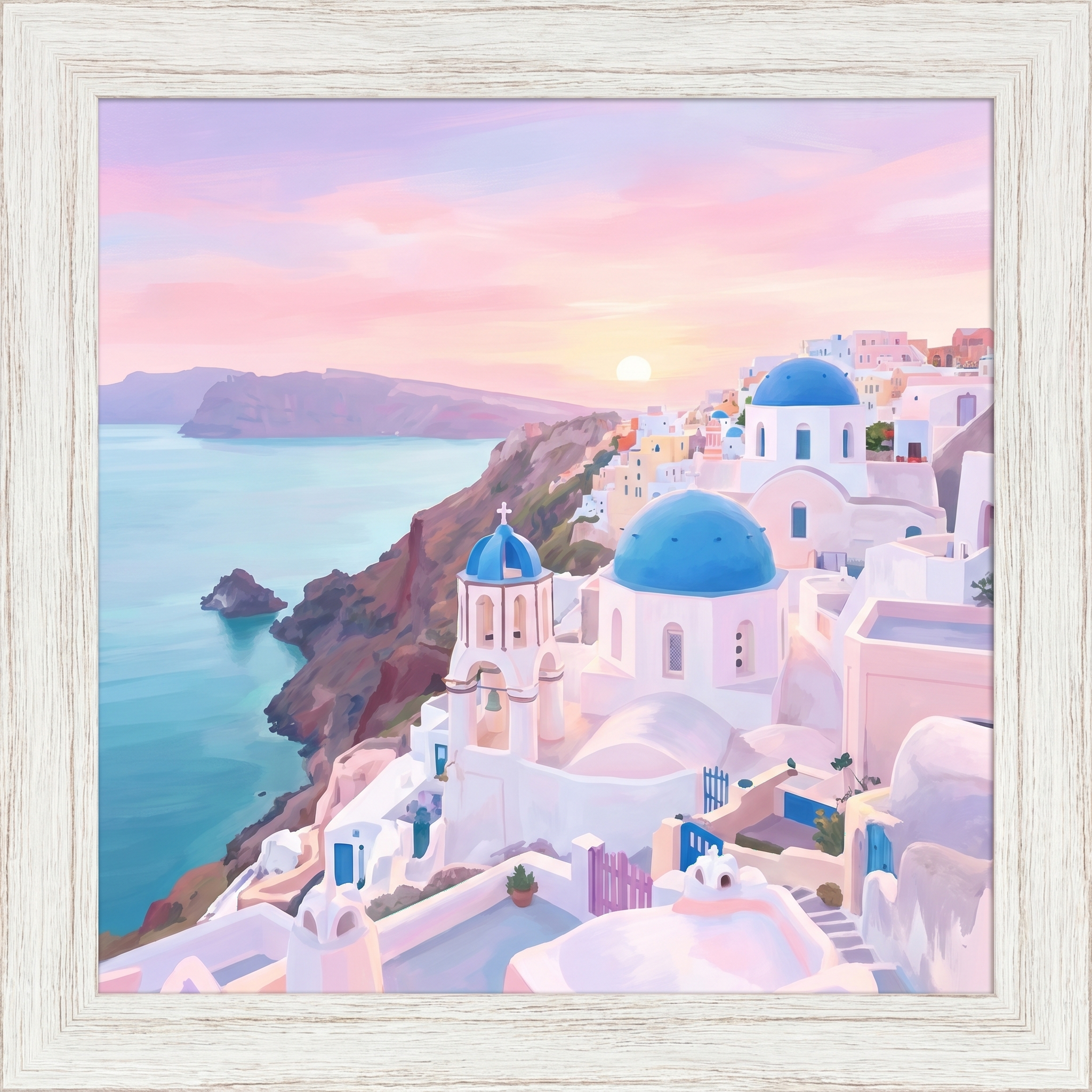 Dreamy pastel digital painting of Santorini at sunset with pink and lavender sky and blue domes