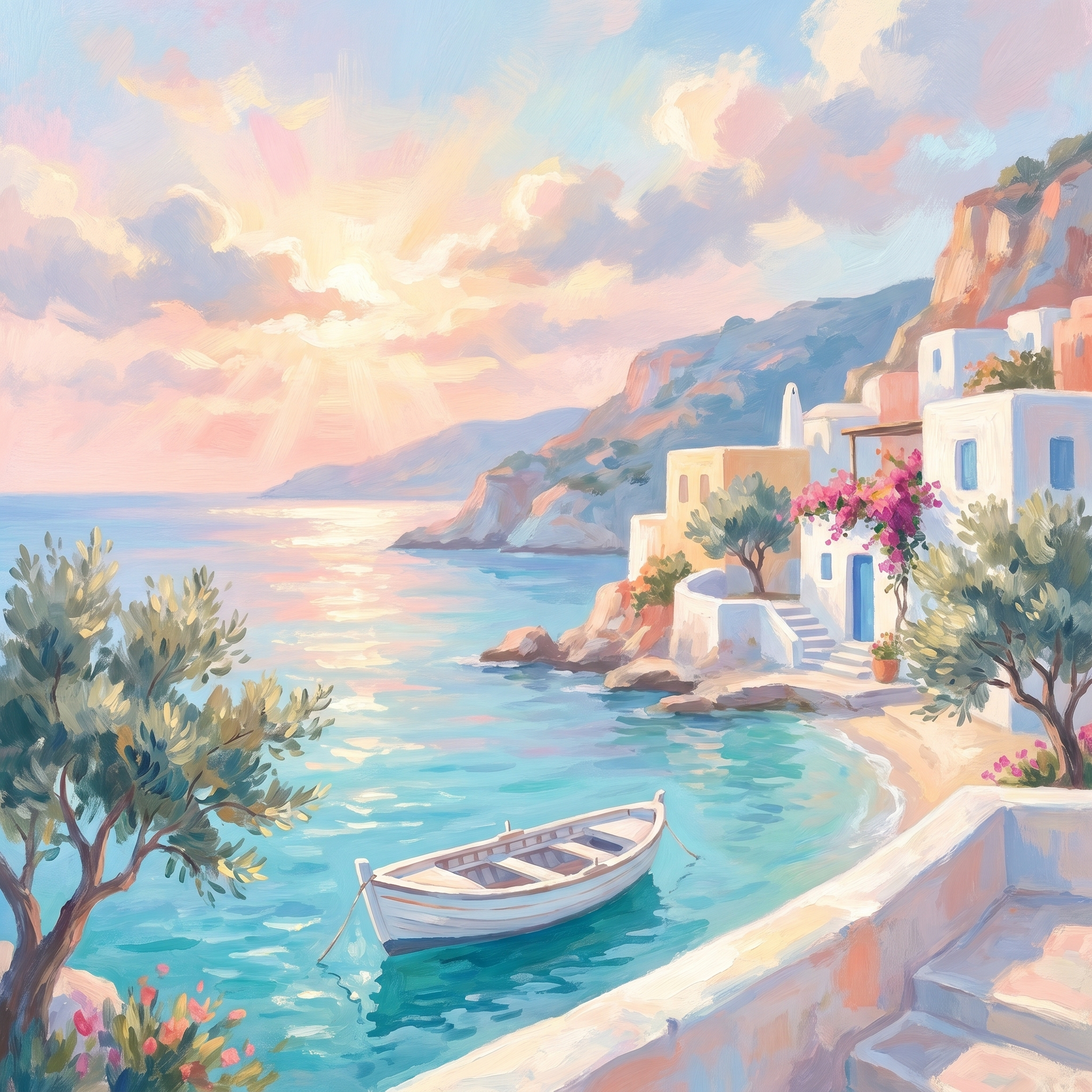 Pastel Mediterranean cove with a small white boat, olive trees and soft golden light