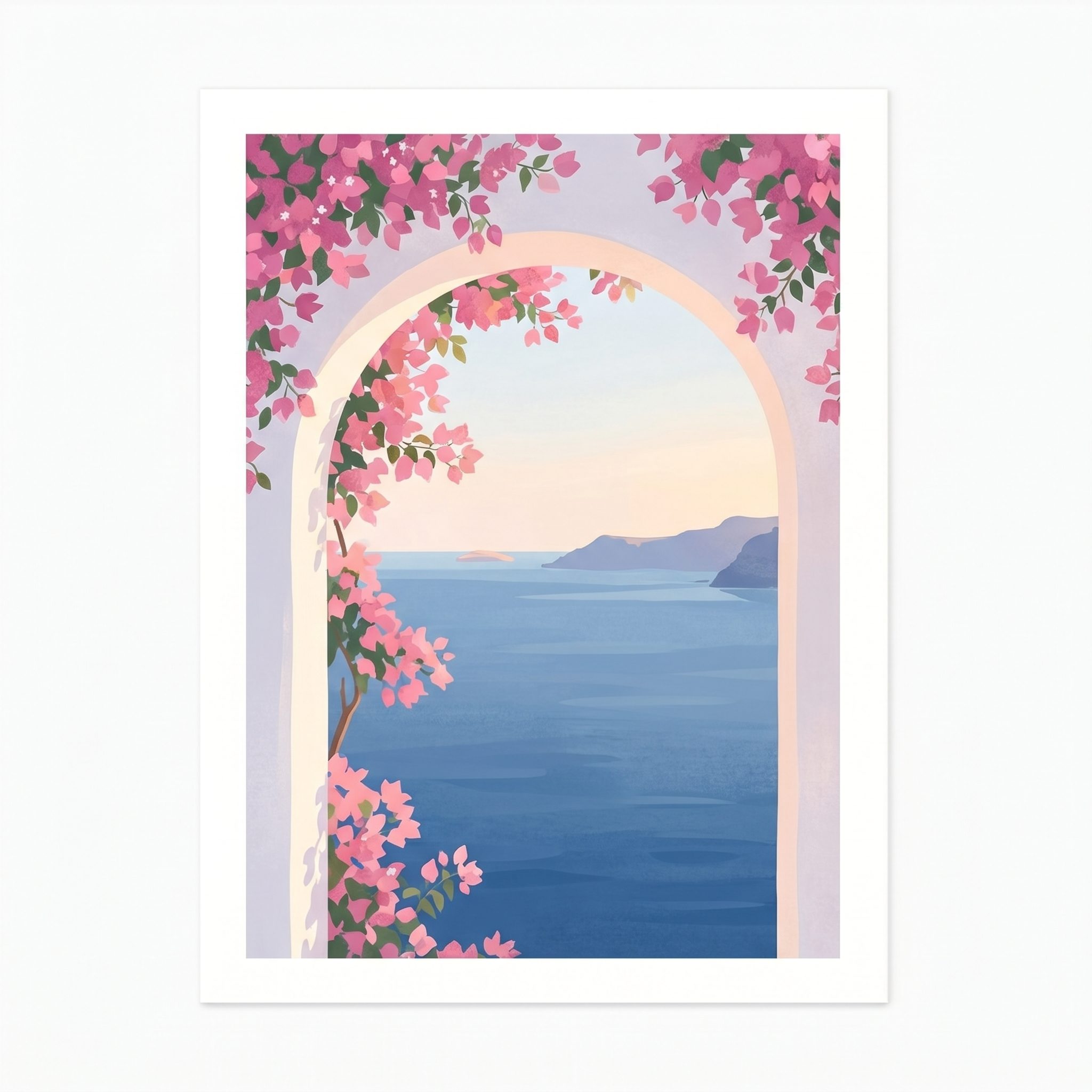 Minimalist white Greek archway with pink bougainvillea framing a calm blue sea
