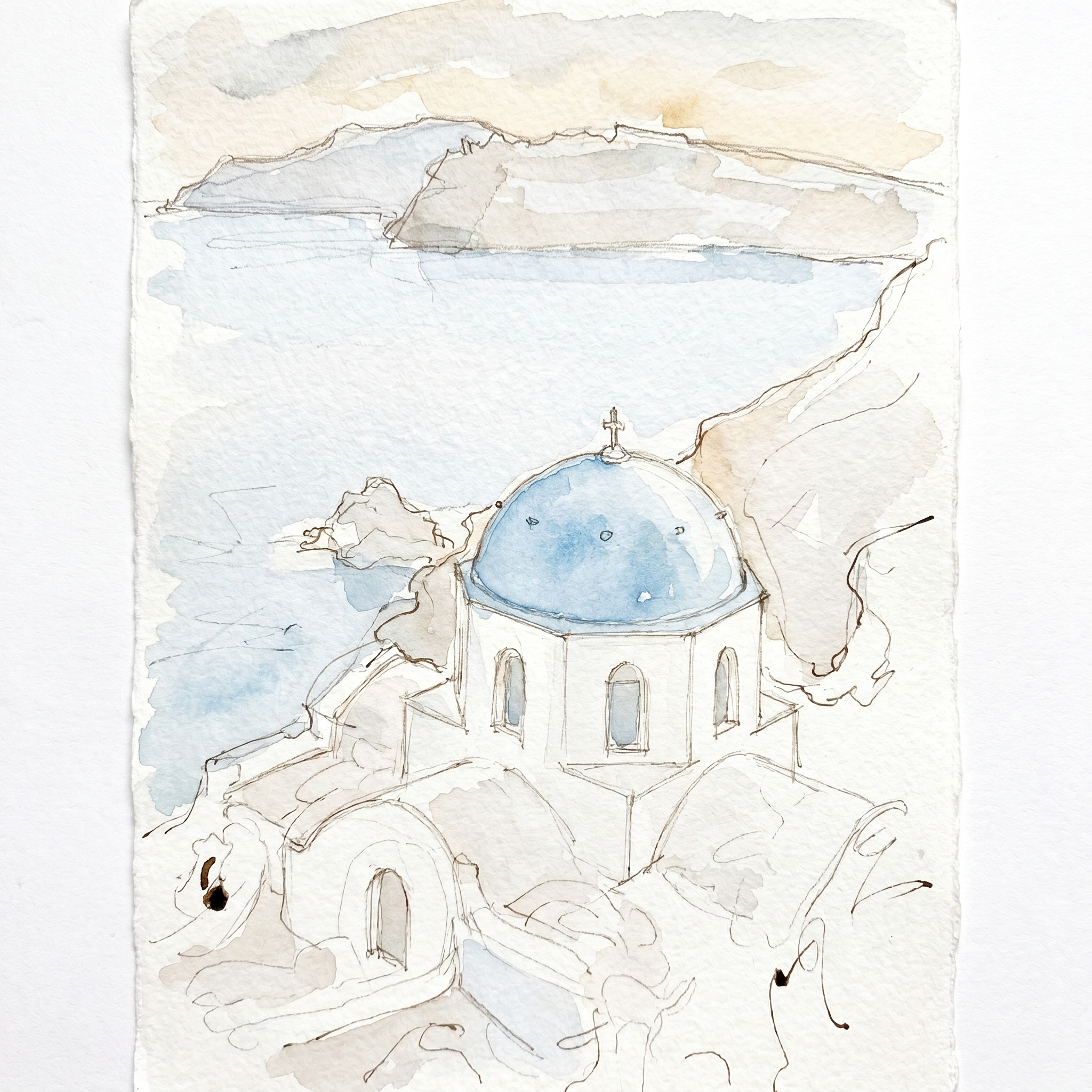 Stage 1 — a light pencil-and-ink sketch of the Santorini dome with the first pale washes