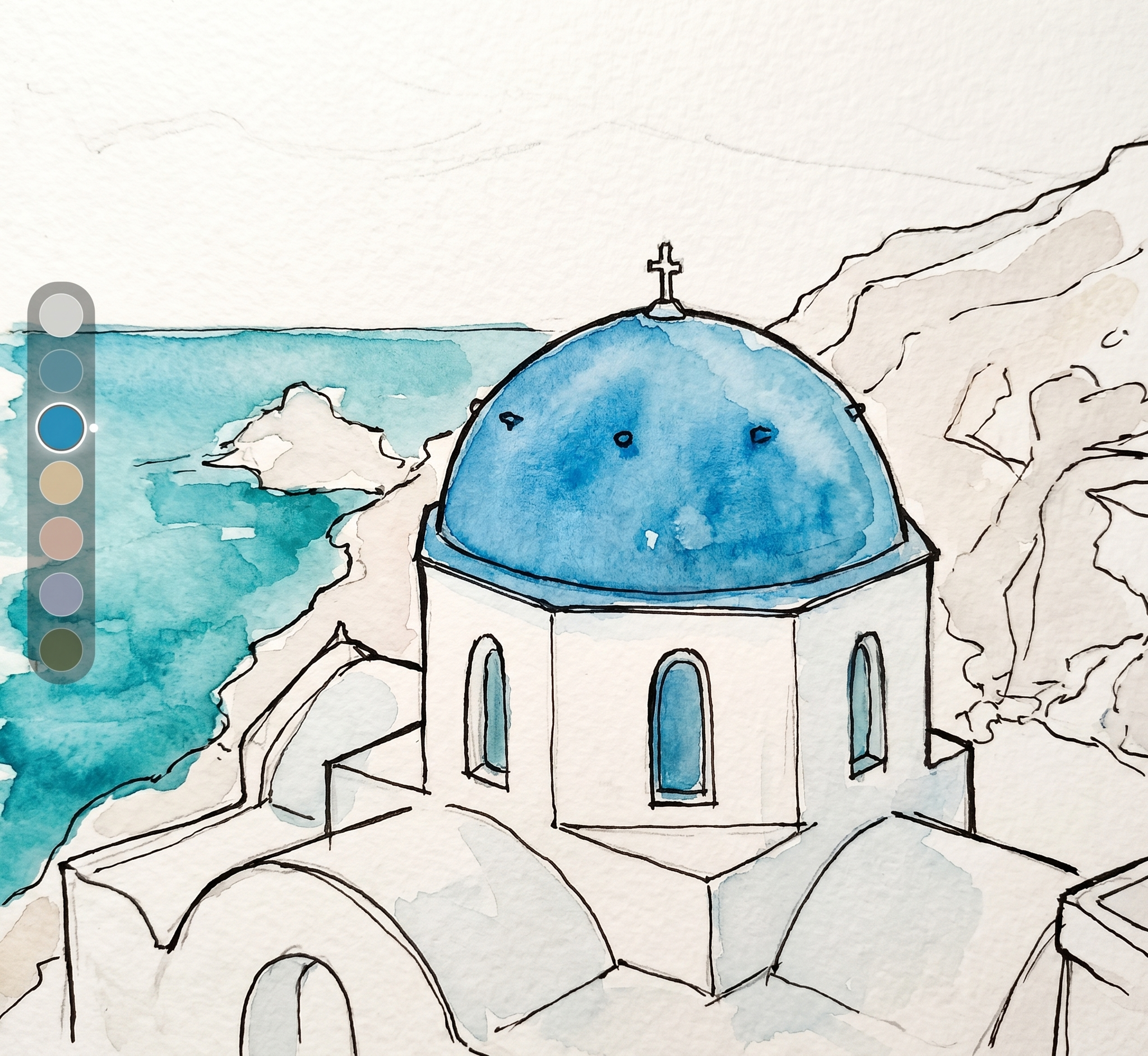 Stage 2 — ink linework with watercolor washes partly laid in, dome and sea coloured
