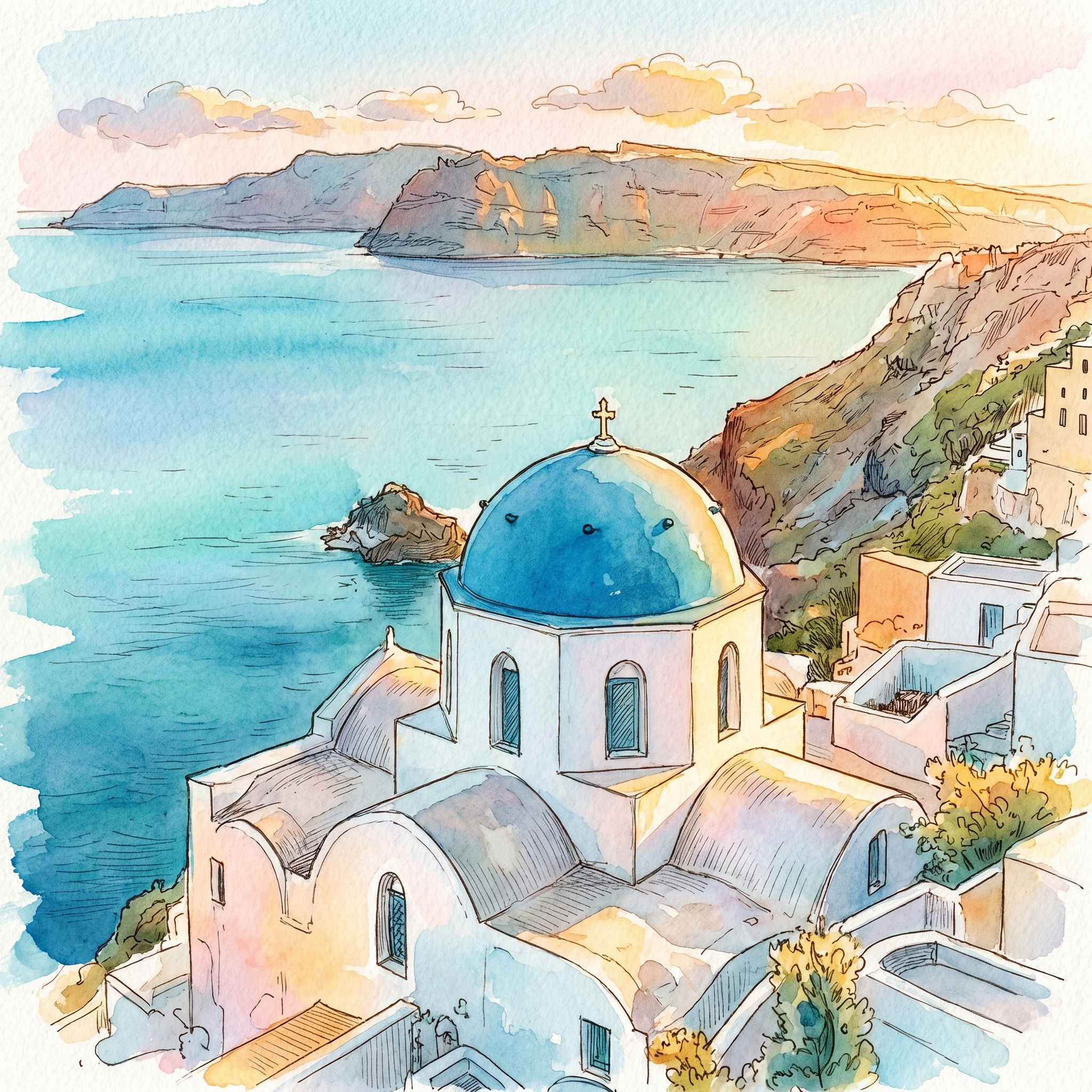 A hand-drawn watercolor-and-ink illustration of a blue-domed Santorini church above the turquoise Aegean sea